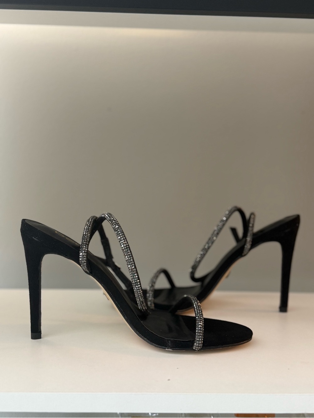 bebe Black Rhinestone-Strap Stiletto Sandals